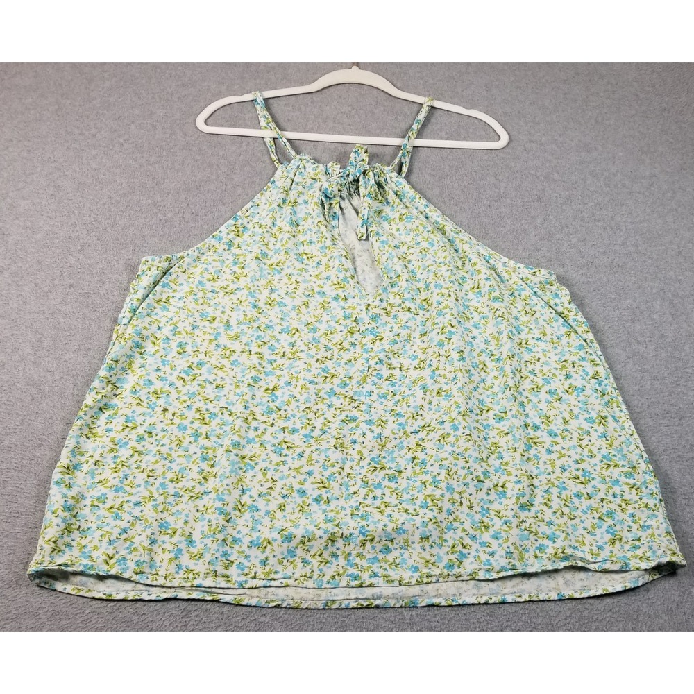 Time and Tru Halter Tank Top Women 2XL XXL 20 Blue Green Floral Drawstring Neck - Picture 3 of 9